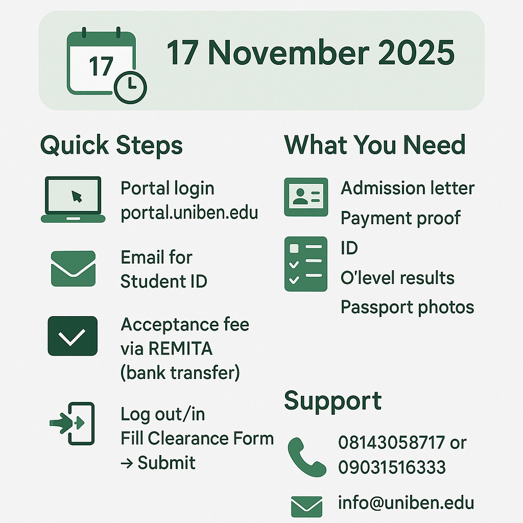 UNIBEN extends acceptance deadline to 17 Nov 2025