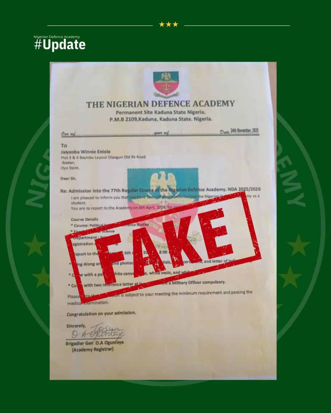 DISCLAIMER- FAKE NDA LETTER OF ADMISSION