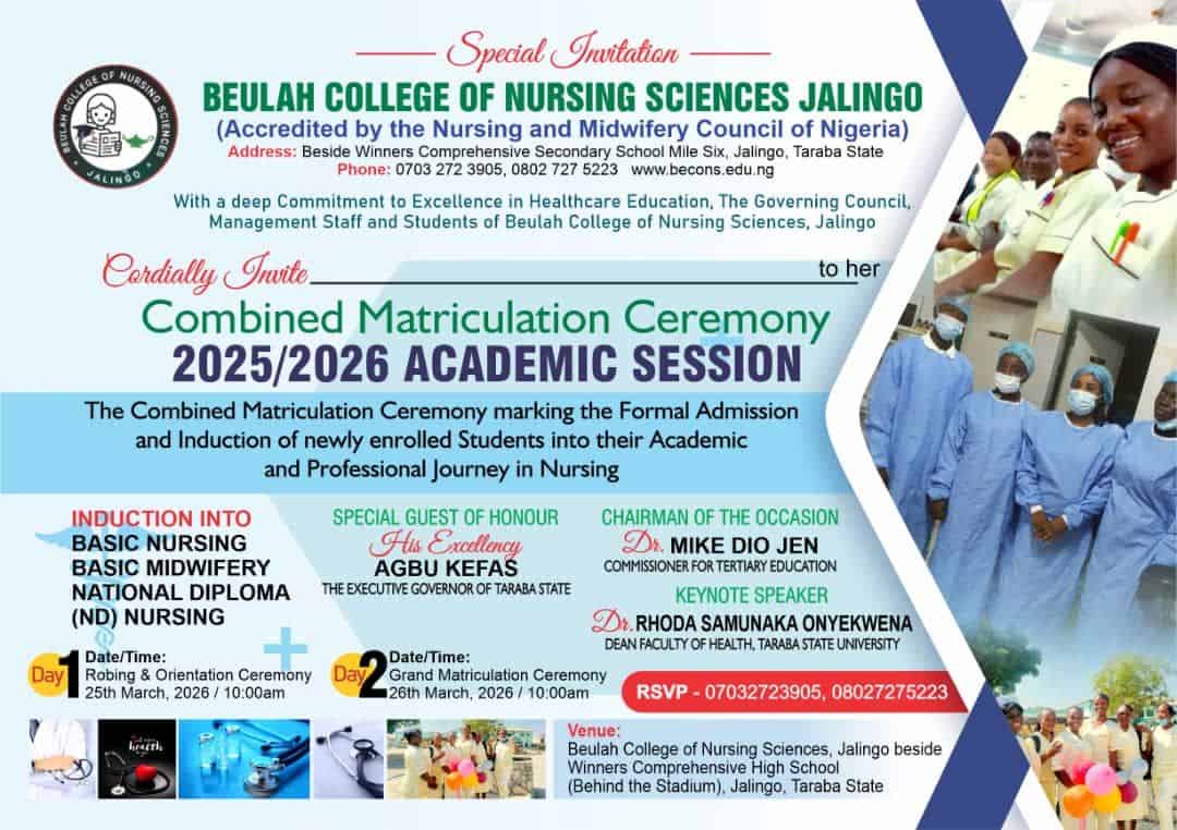 Beulah College of Nursing Sciences matriculation date for 2025/2026