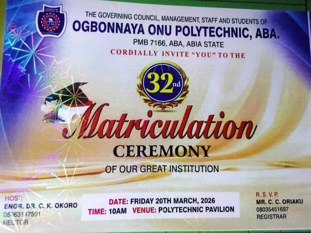 OOPOLY 32nd matriculation ceremony date, time and venue