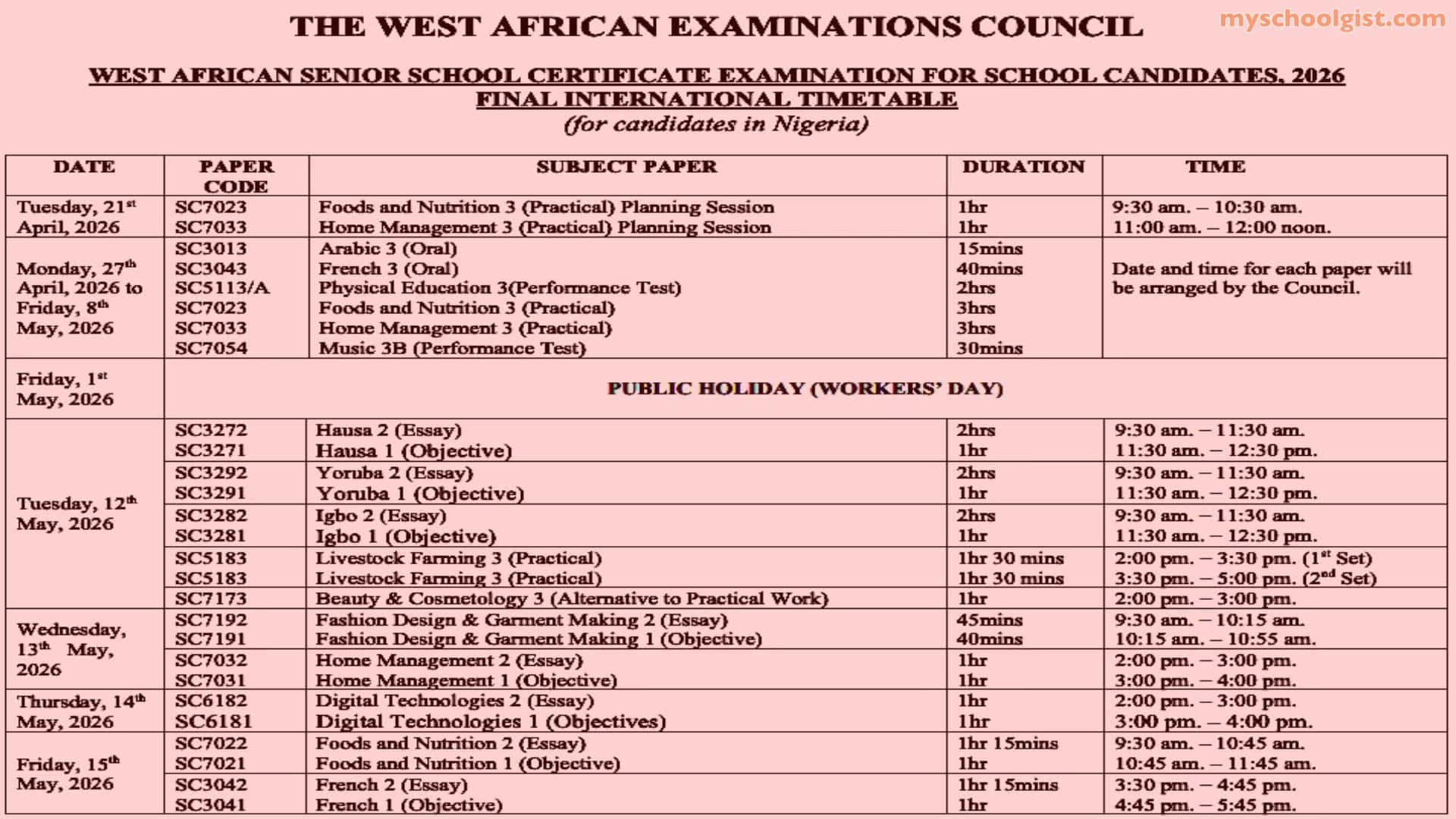 waec timetable may-june 1
