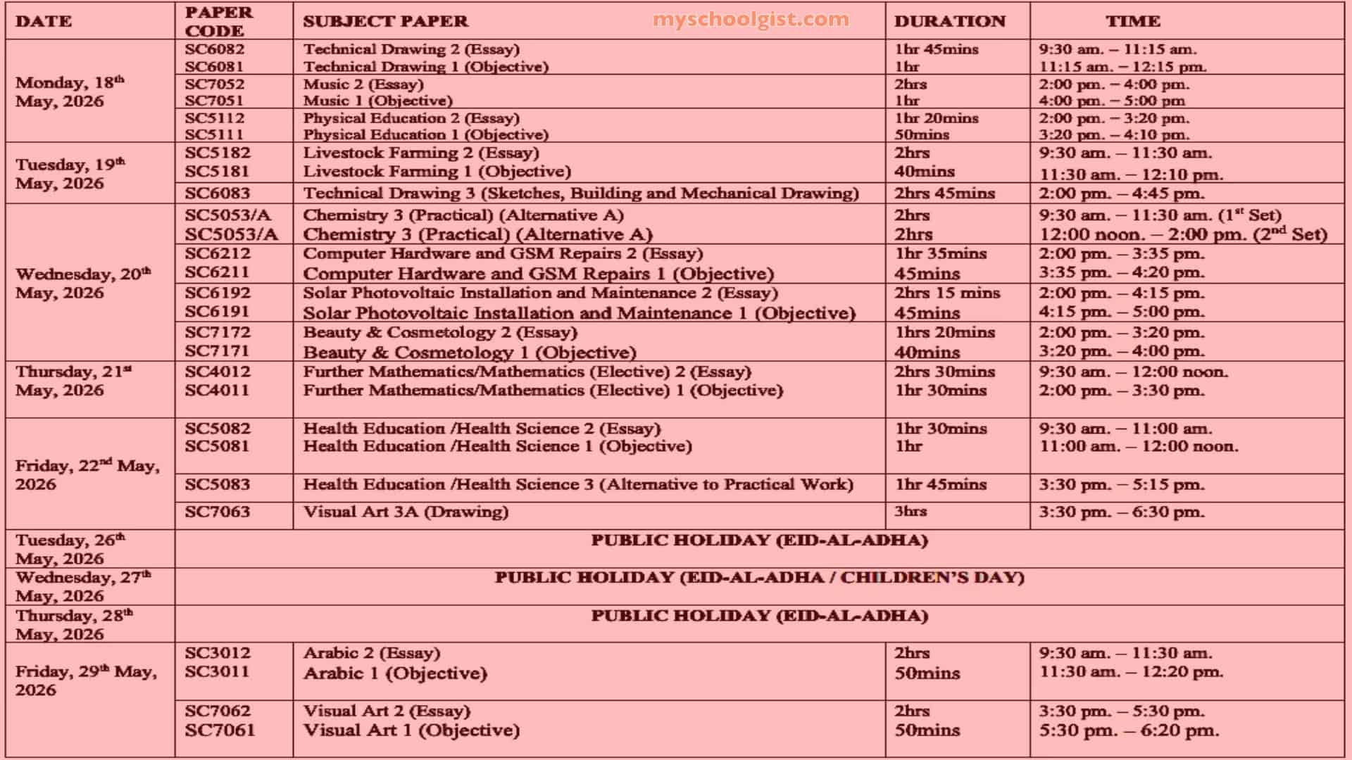 waec timetable may-june 2