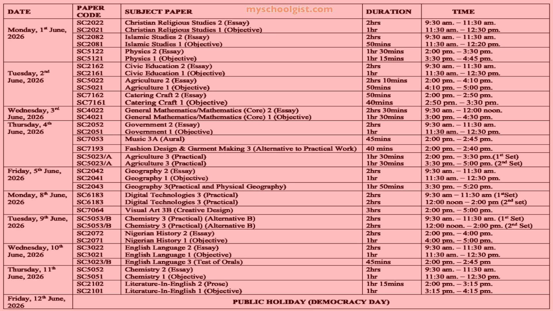 waec timetable may-june 3