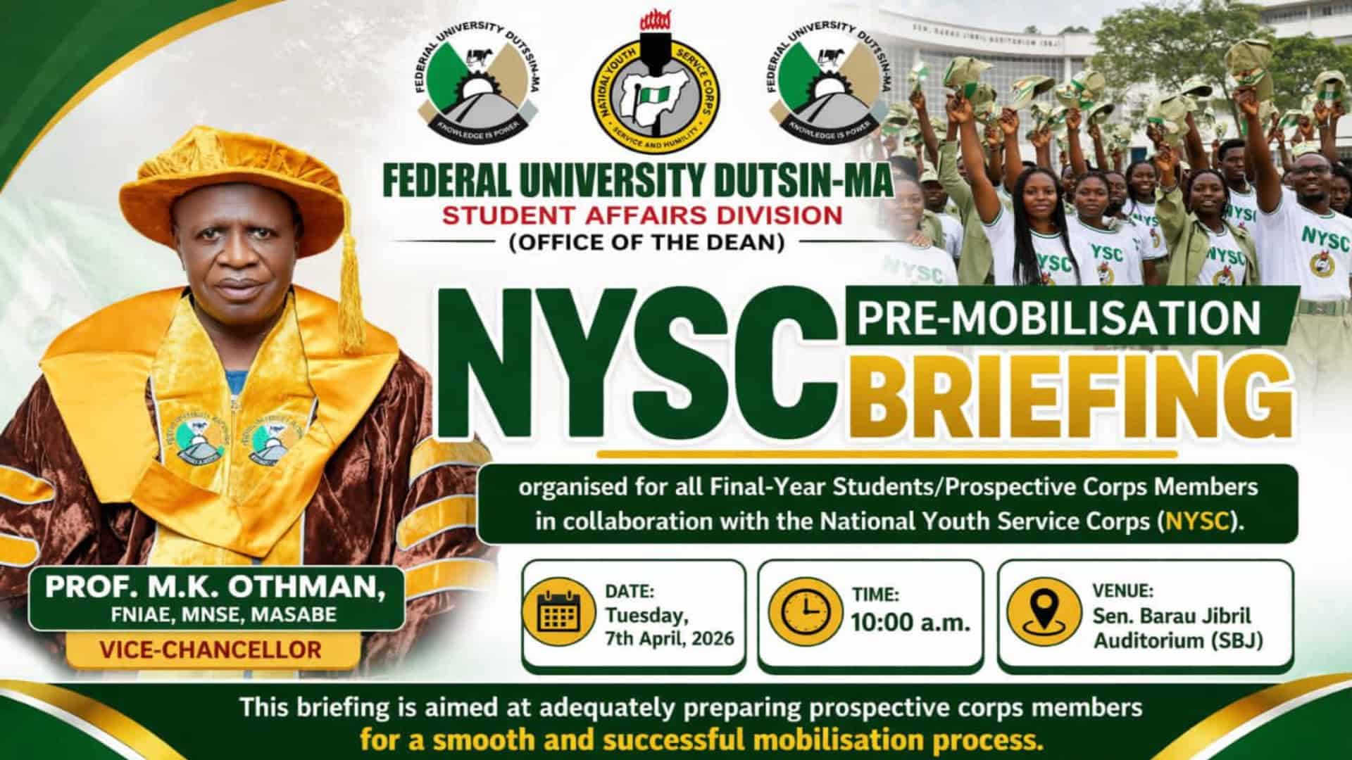 FUDMA sets NYSC pre-mobilisation briefing for final year students