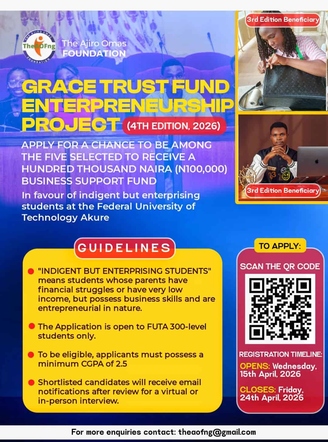 FUTA Grace Trust Fund Entrepreneurship Project 2026: Eligibility, Award and Deadline
